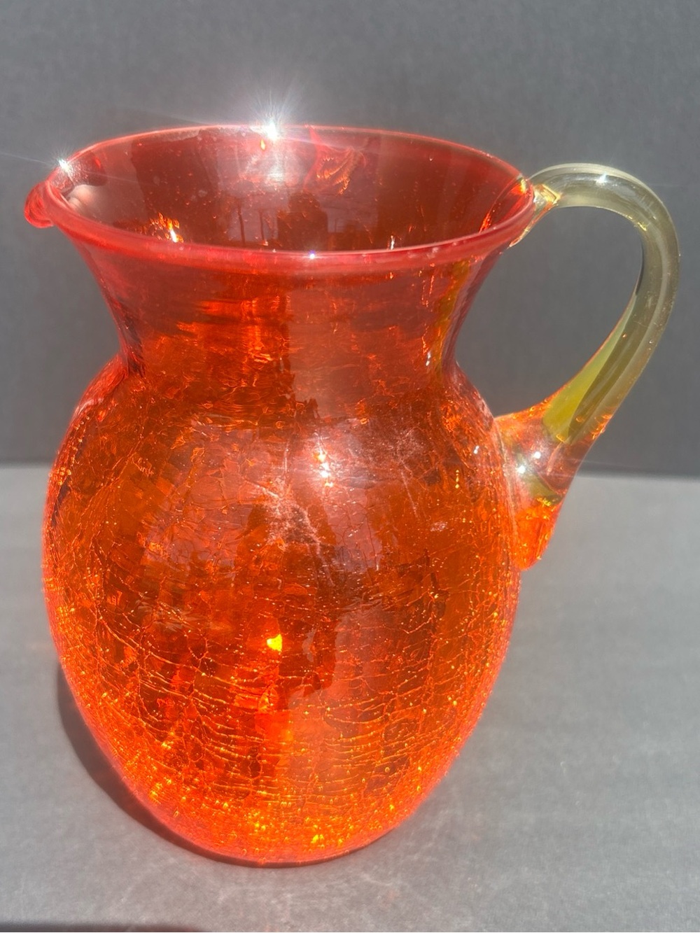 Vintage 5in Amberina (glows) Orange Crackled Glass Pitcher Creamer Yellow Handle